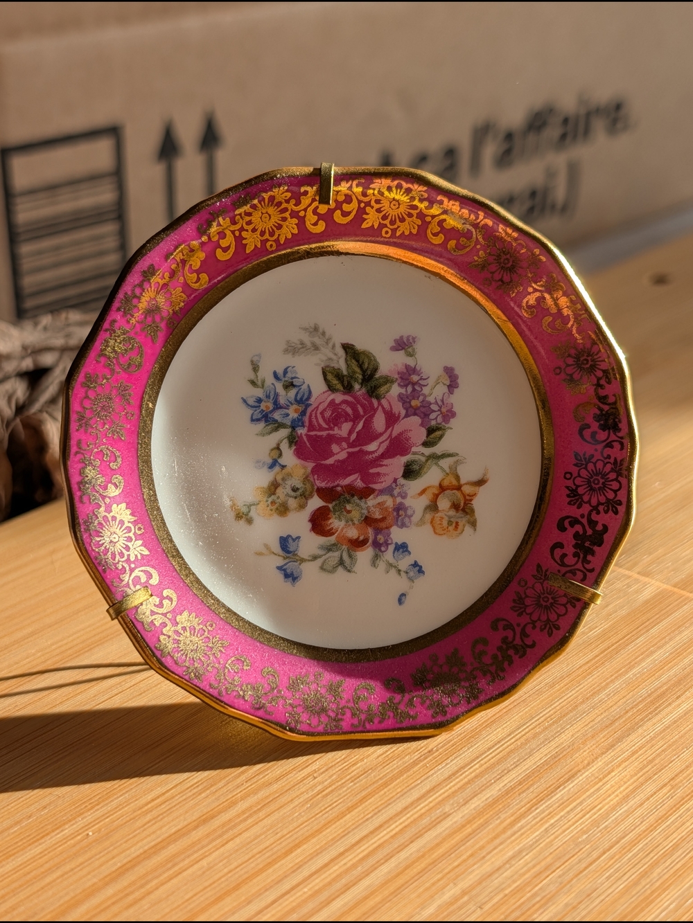 Limoges Gold-Trimmed Porcelain Plate with Subtle Pink Wash